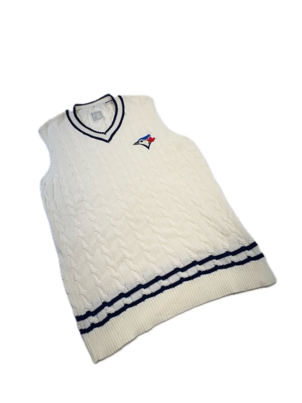 Toronto Blue Jays Cable Knit Sweater Vest BDA Sports Cream Navy Mens XL